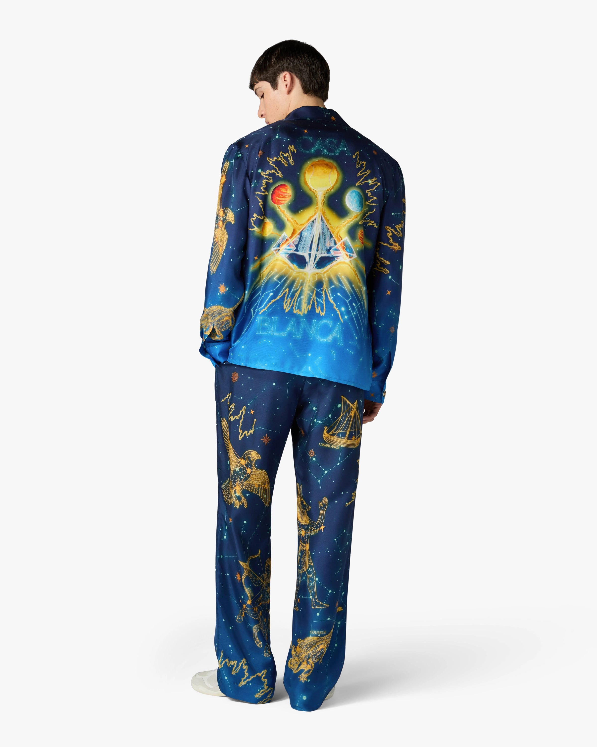 Casablanca Astrology pantaloni in seta blu gamba dritta