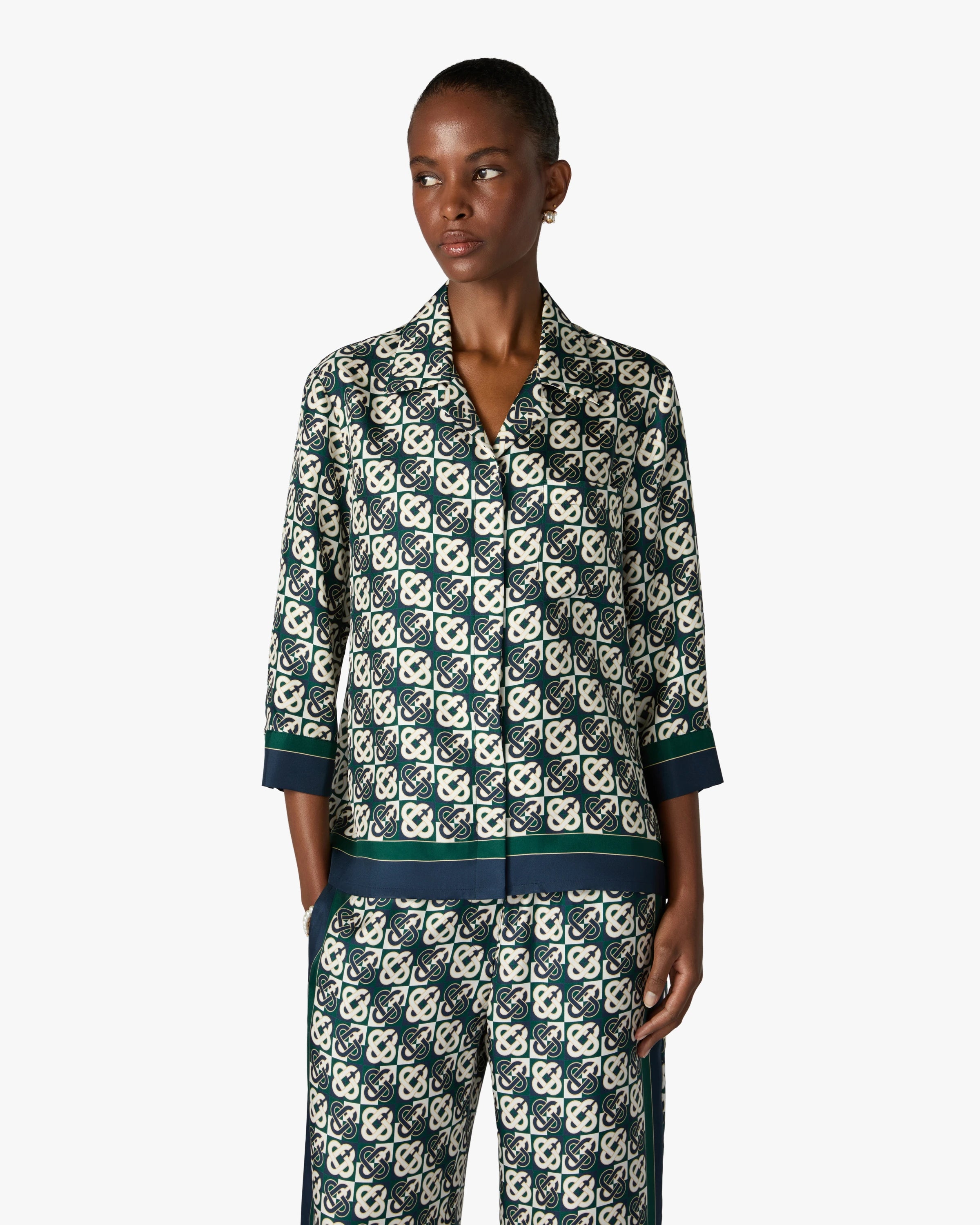 Casablanca Check Monogram camicia seta verde navy donna