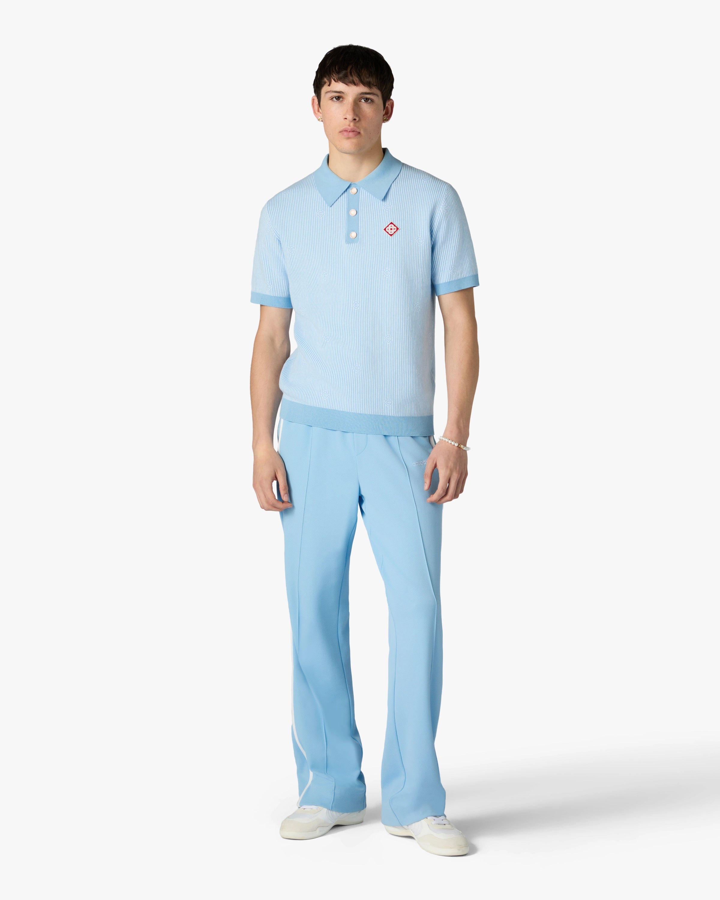 Casablanca Polo in Maglia Azzurra Gessata Manica Corta Cotone