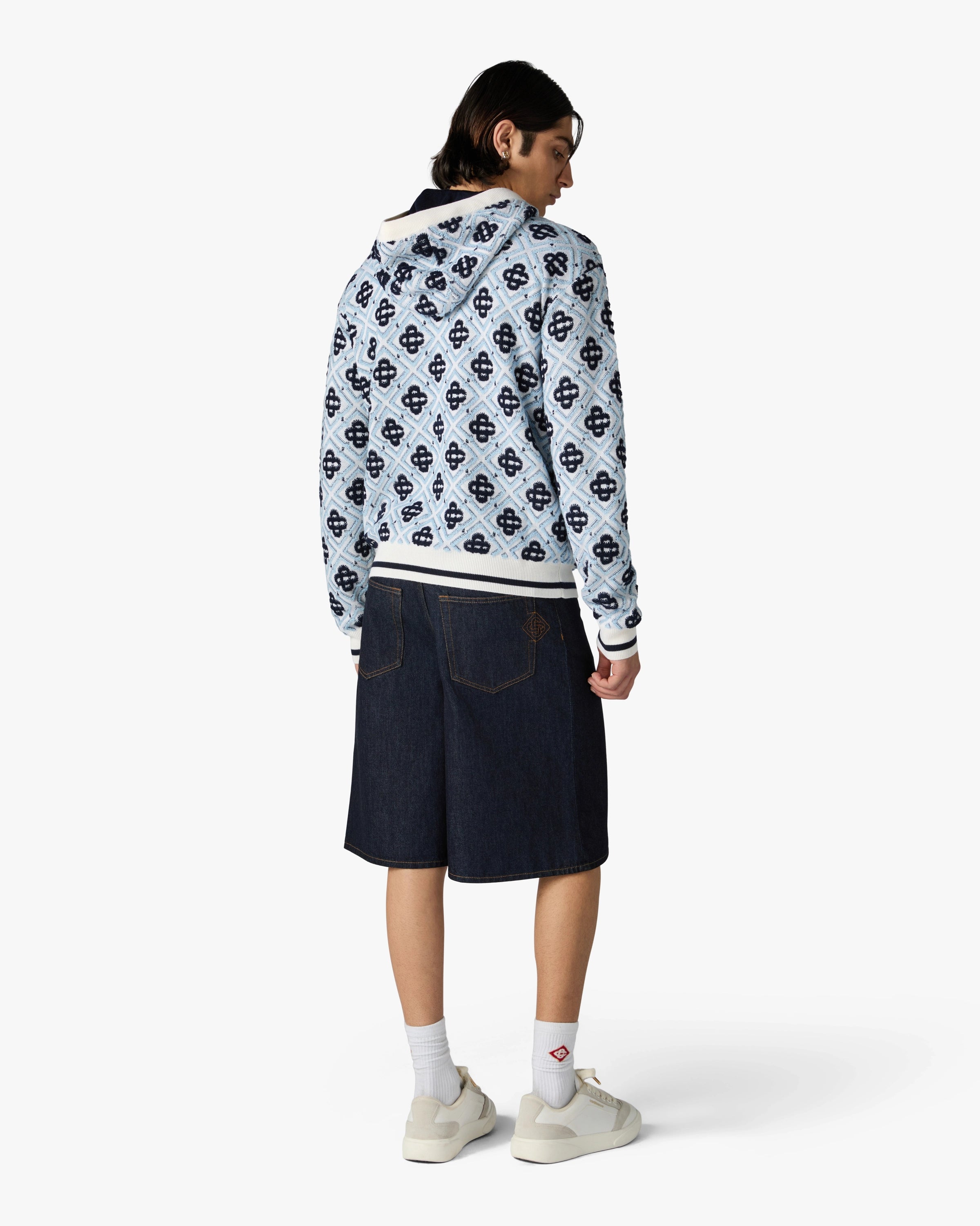 Casablanca Merino felpa zip blu monogramma lana
