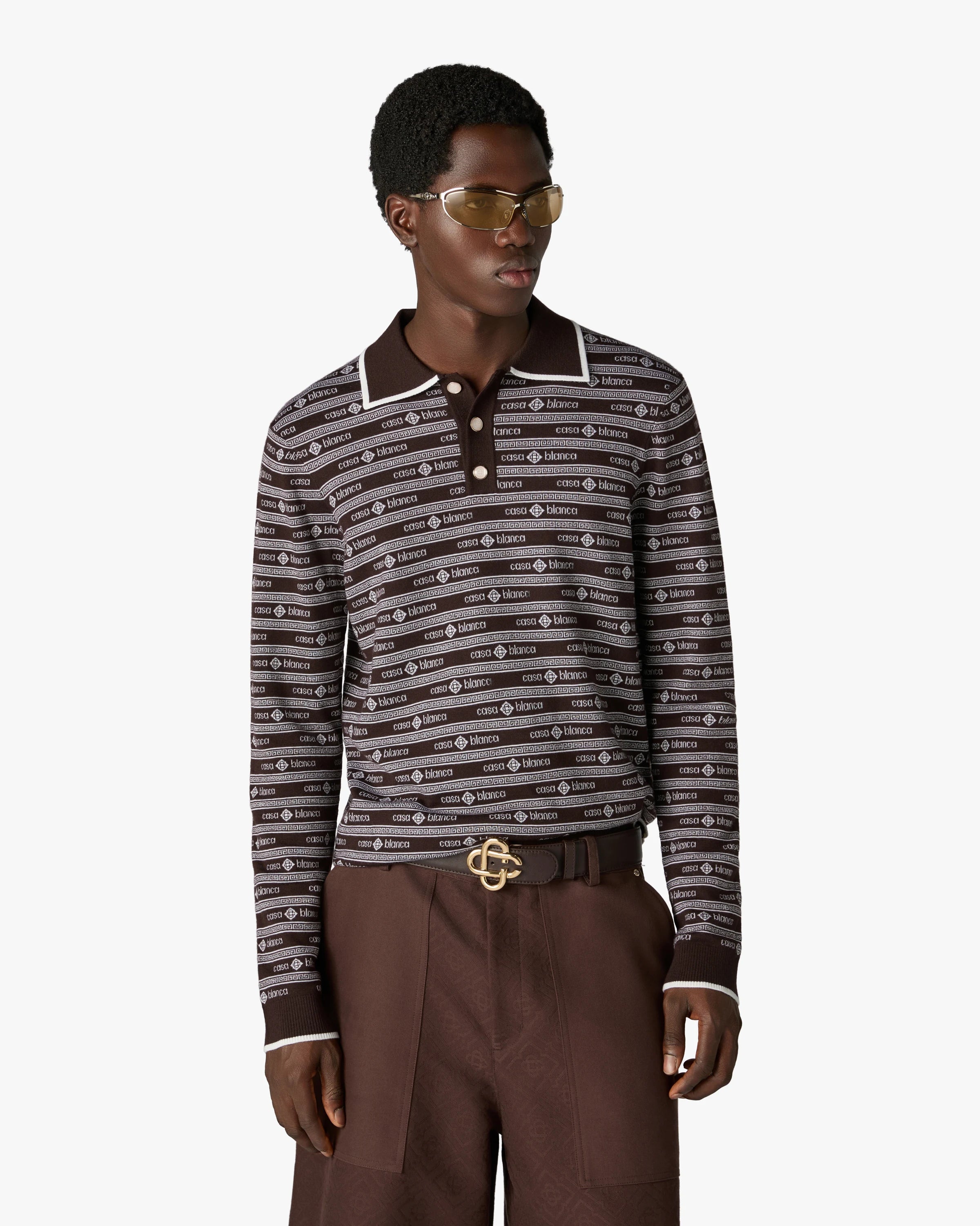 Casablanca Knit Logo polo lana marrone manica lunga