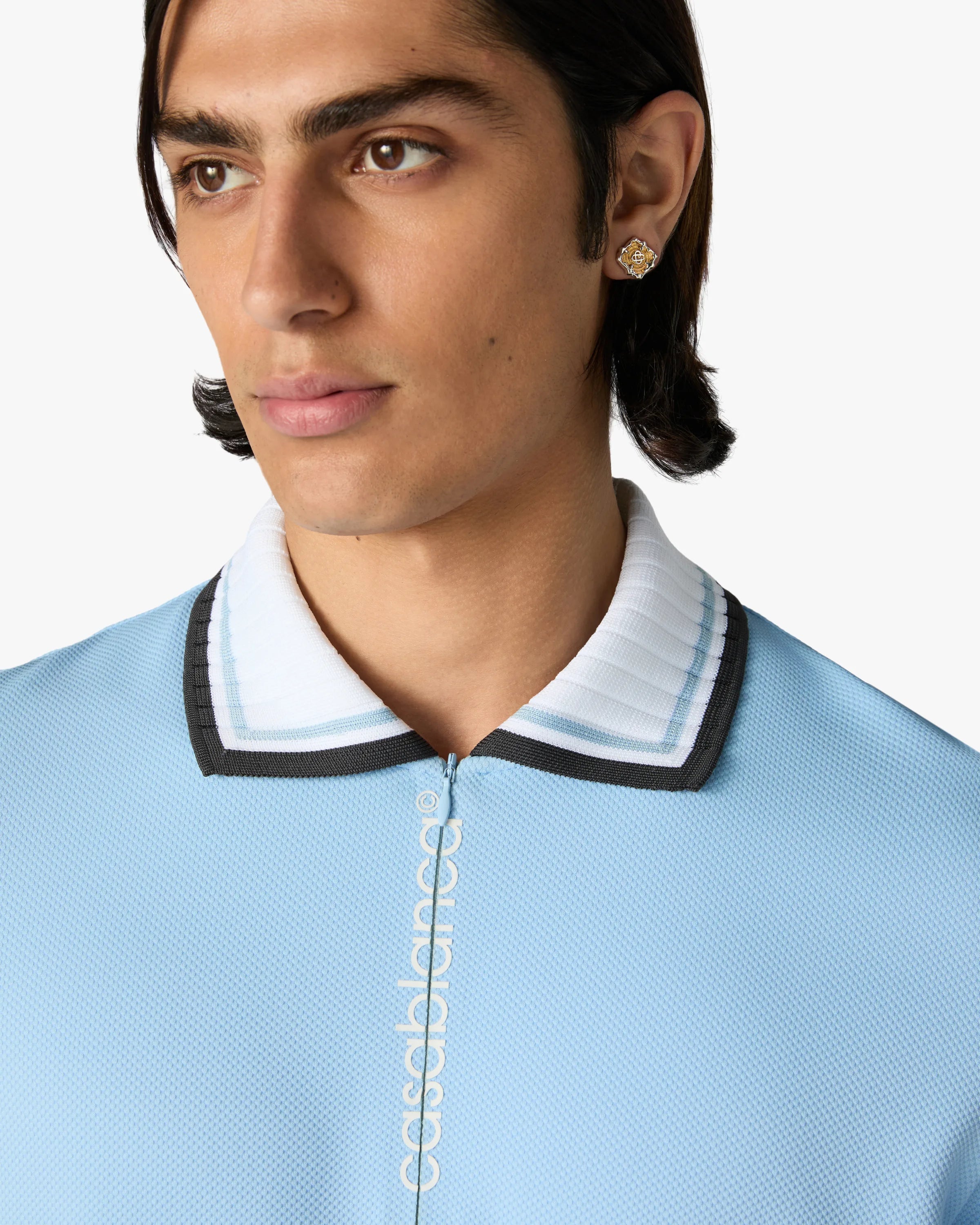 Casablanca Polo Azzurra Pique Zip Maniche Corte