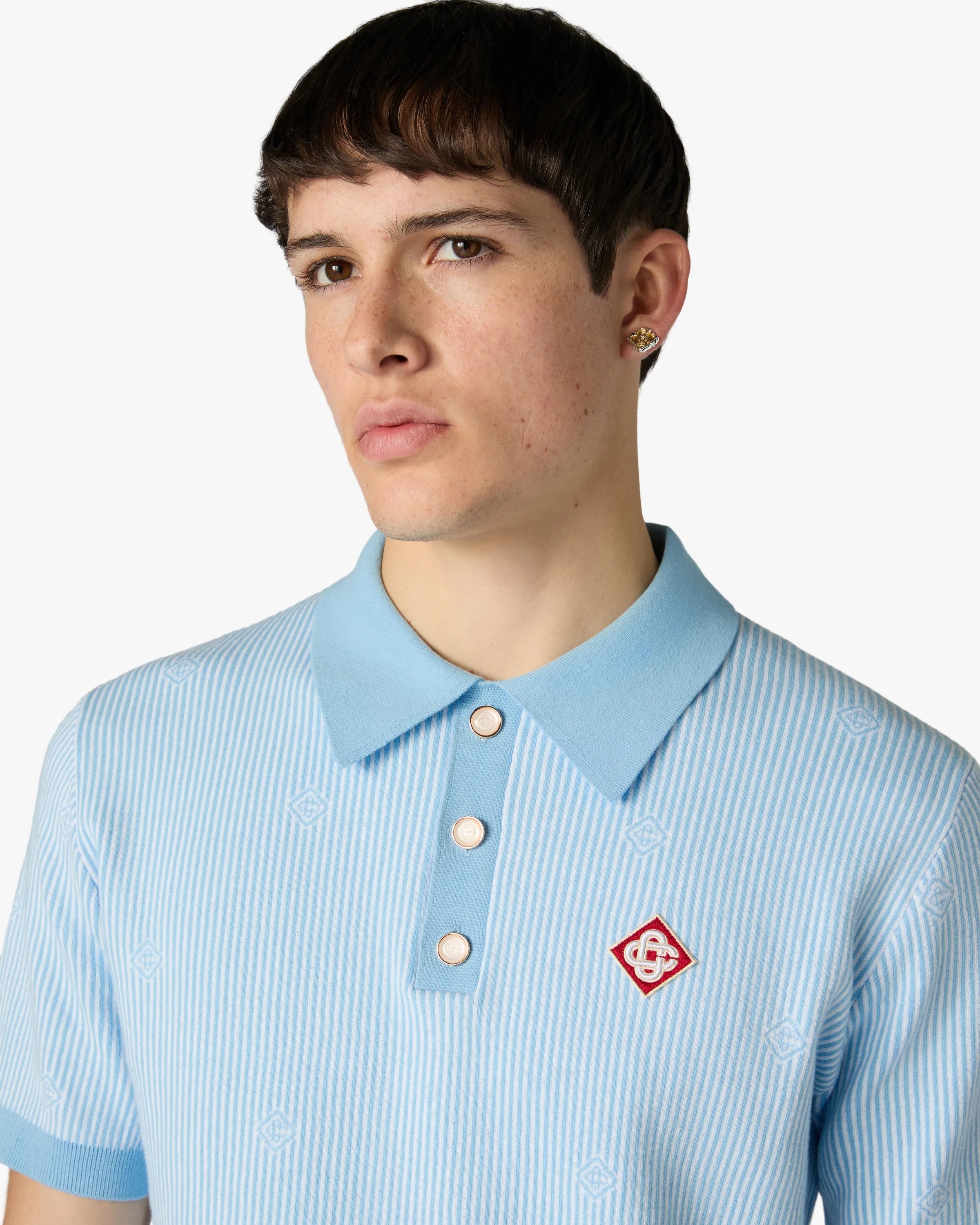 Casablanca Polo in Maglia Azzurra Gessata Manica Corta Cotone