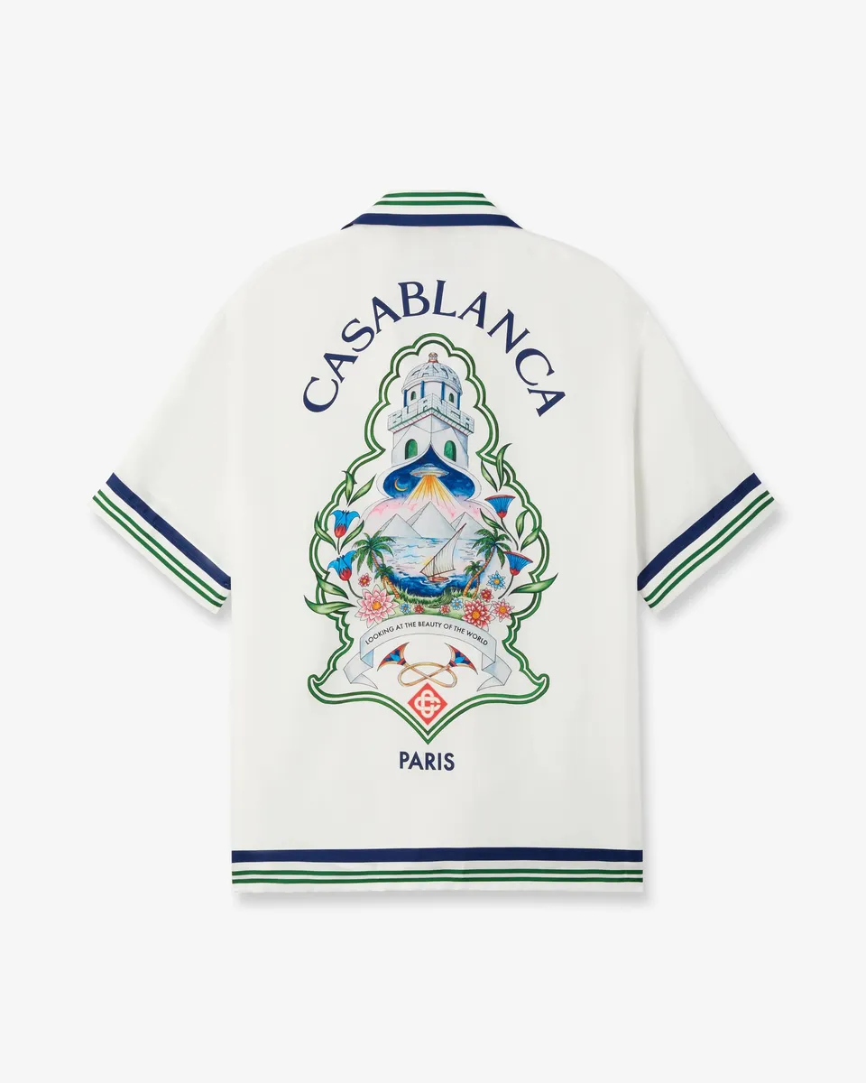 Casablanca Hotel Emblem camicia seta bianca manica corta