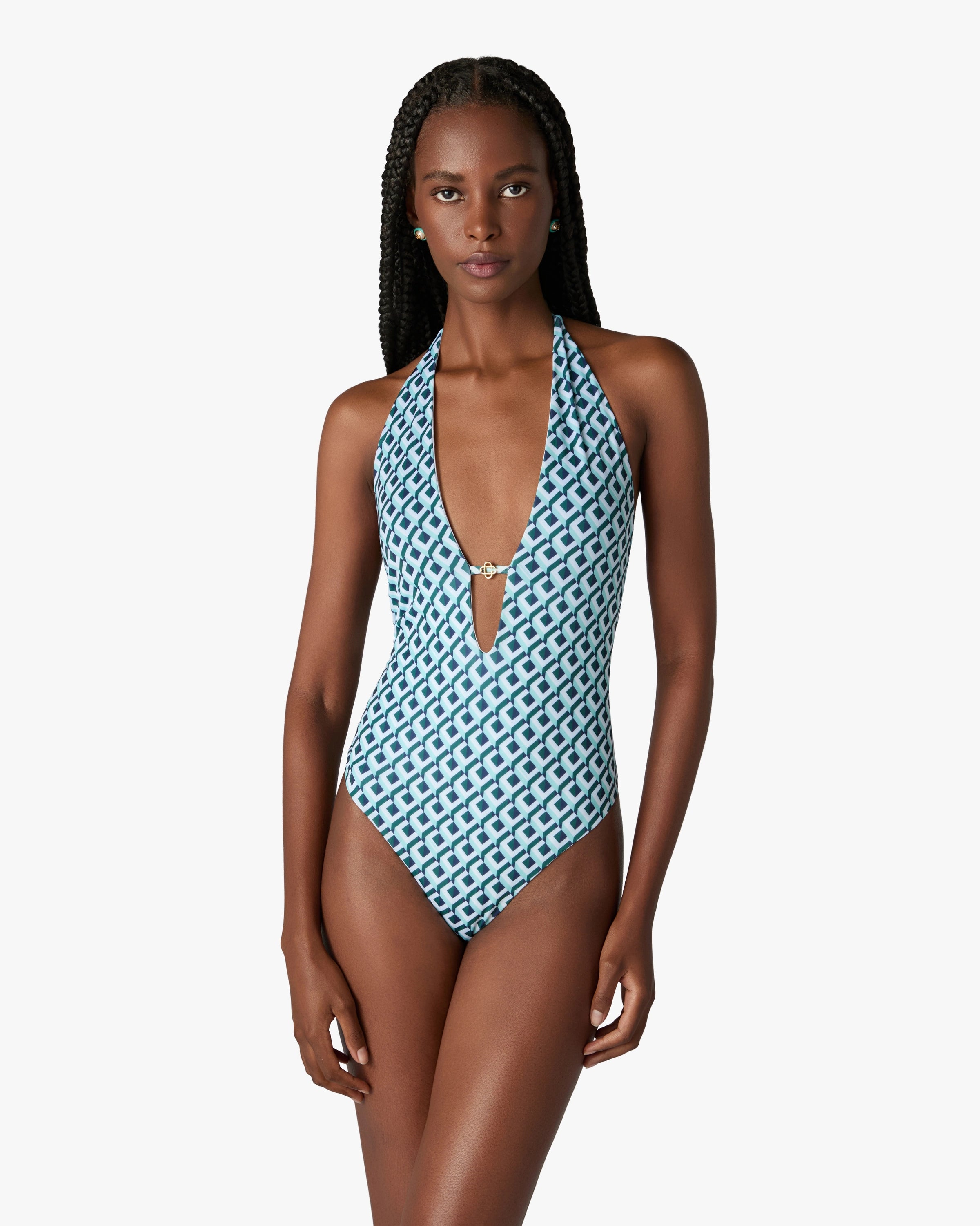 Casablanca Cubist CC costume intero verde scollo profondo