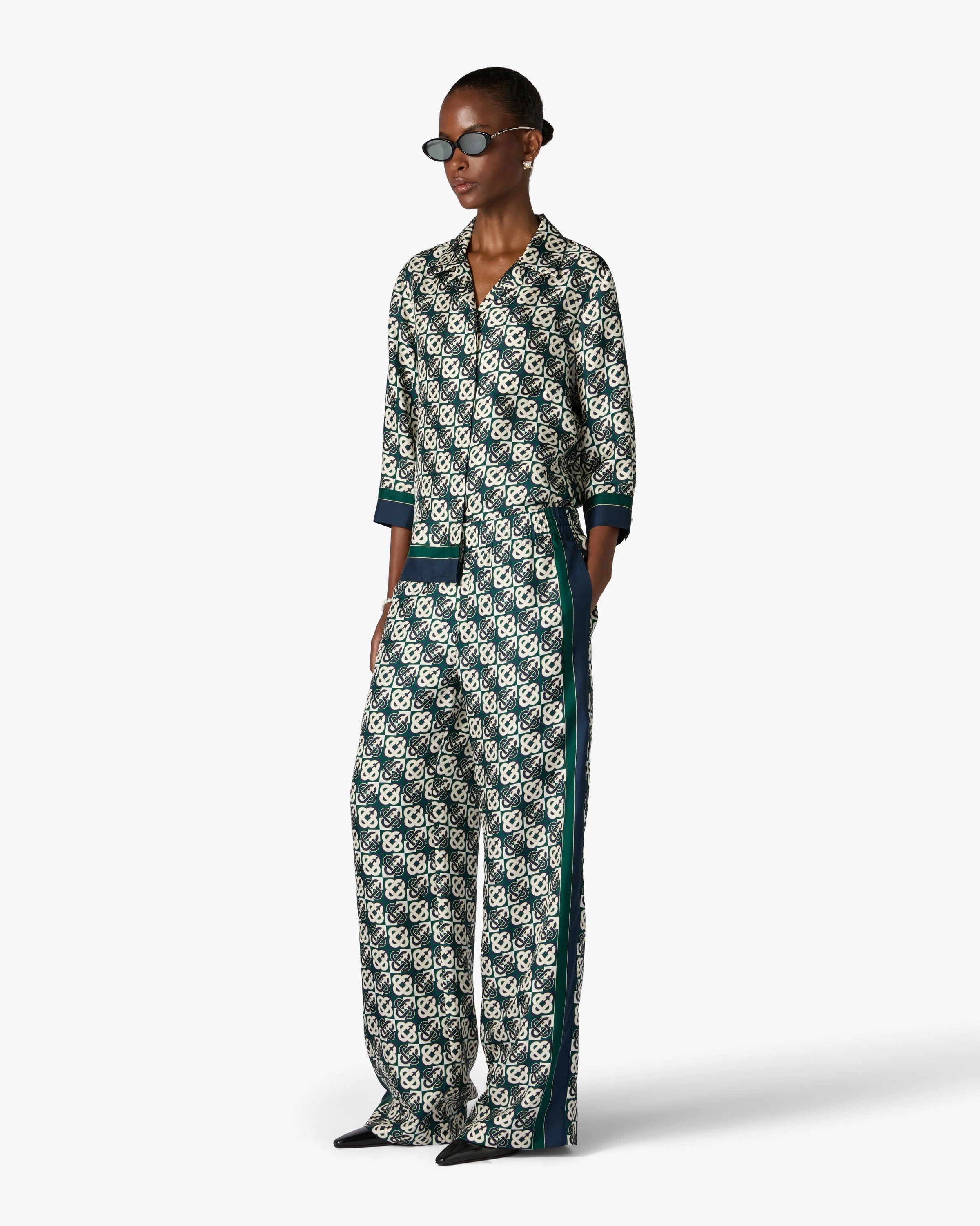 Casablanca Check Monogram pantaloni donna seta verde blu