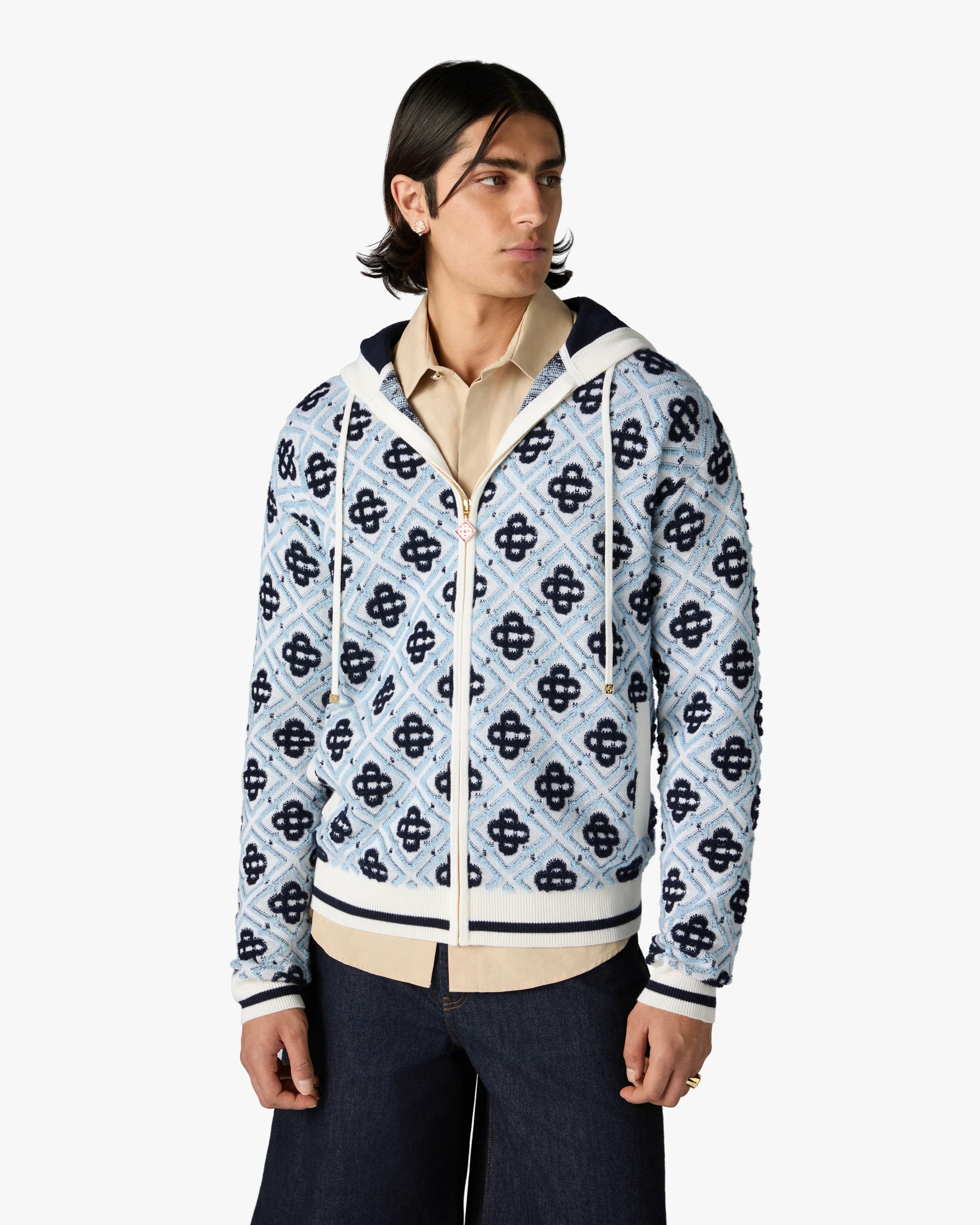 Casablanca Merino felpa zip blu monogramma lana