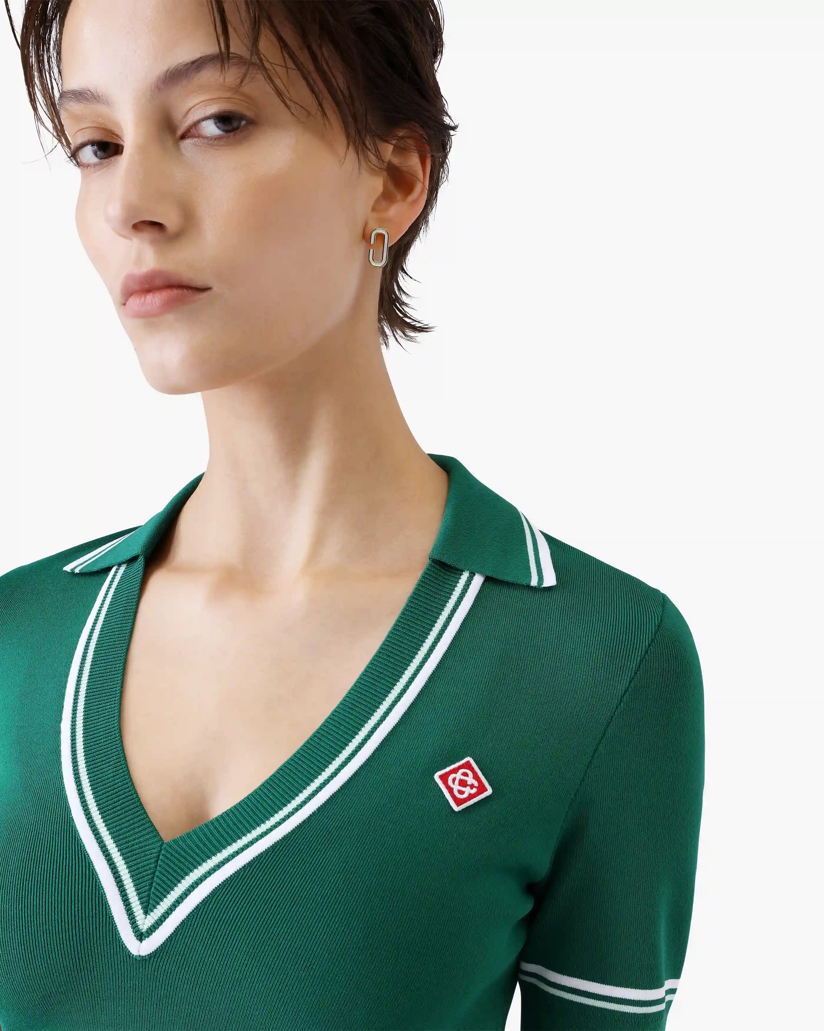 Casablanca Polo Cropped in Maglia Verde Scollo a V