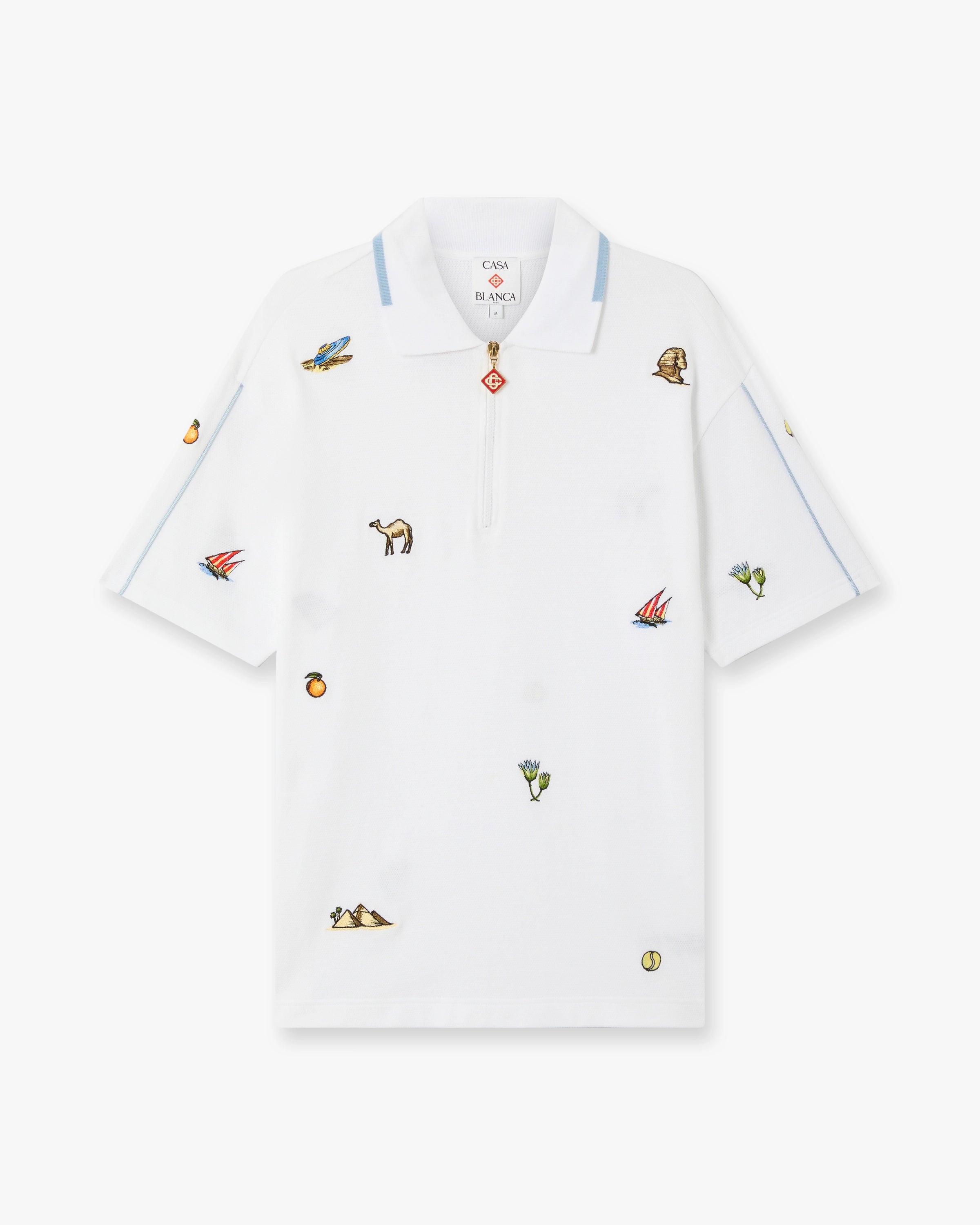 Casablanca White Icon Quarter Zip Polo Manica Corta Bianca Ricamata