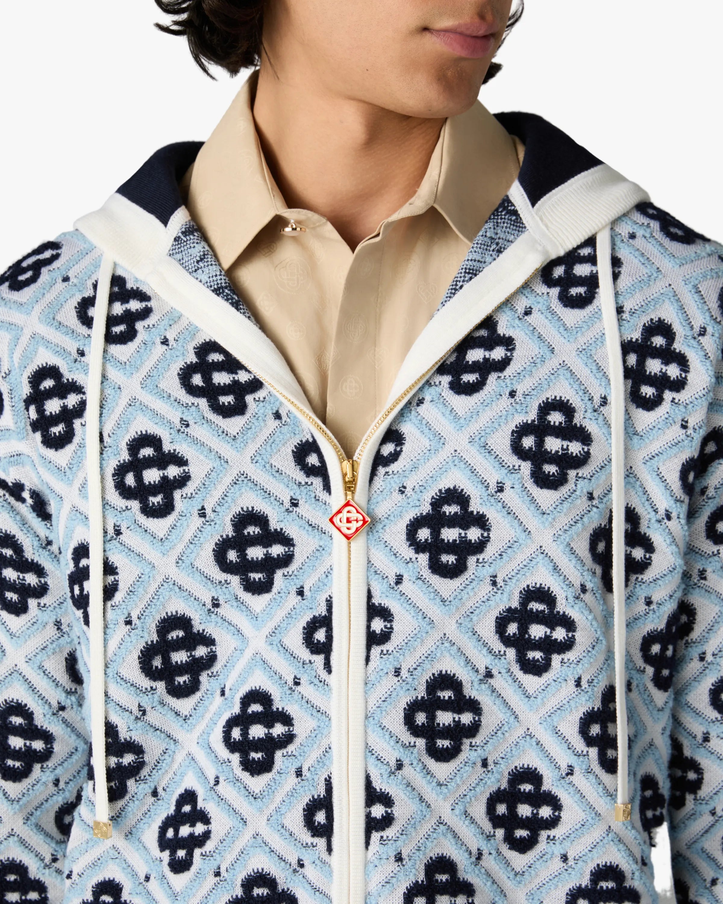 Casablanca Merino felpa zip blu monogramma lana