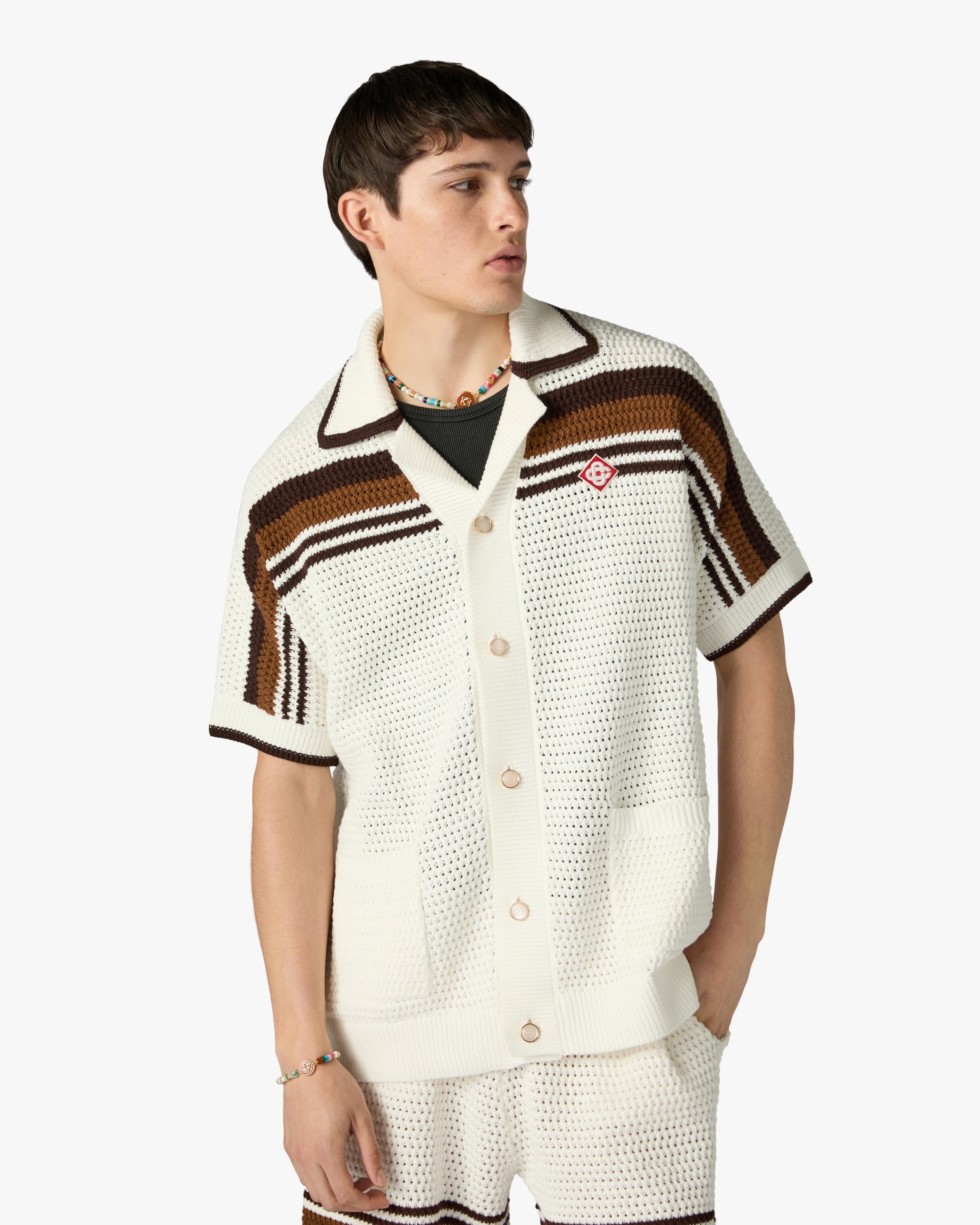 Casablanca Tennis Stripe camicia crochet bianco marrone cotone
