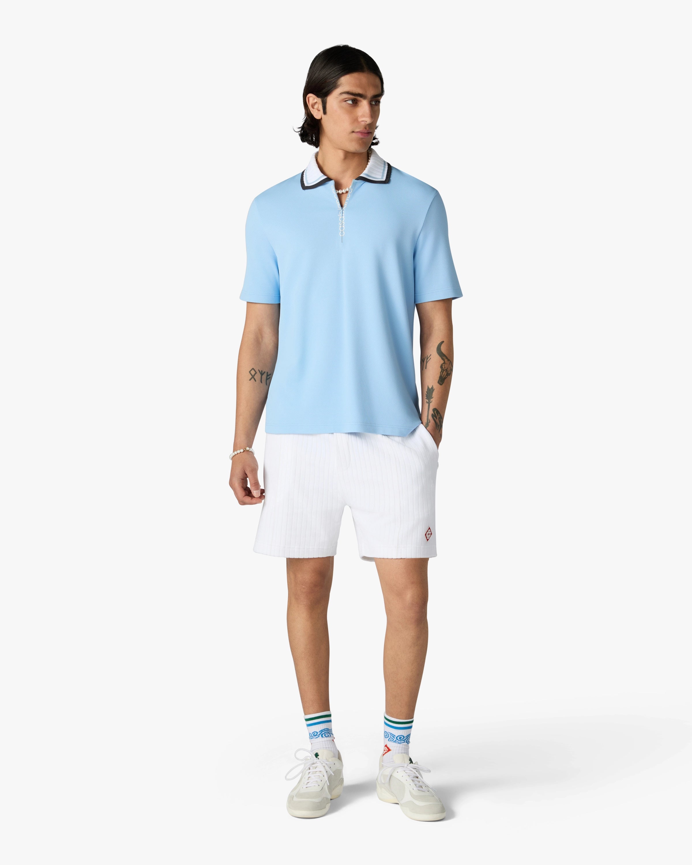 Casablanca Polo Azzurra Pique Zip Maniche Corte