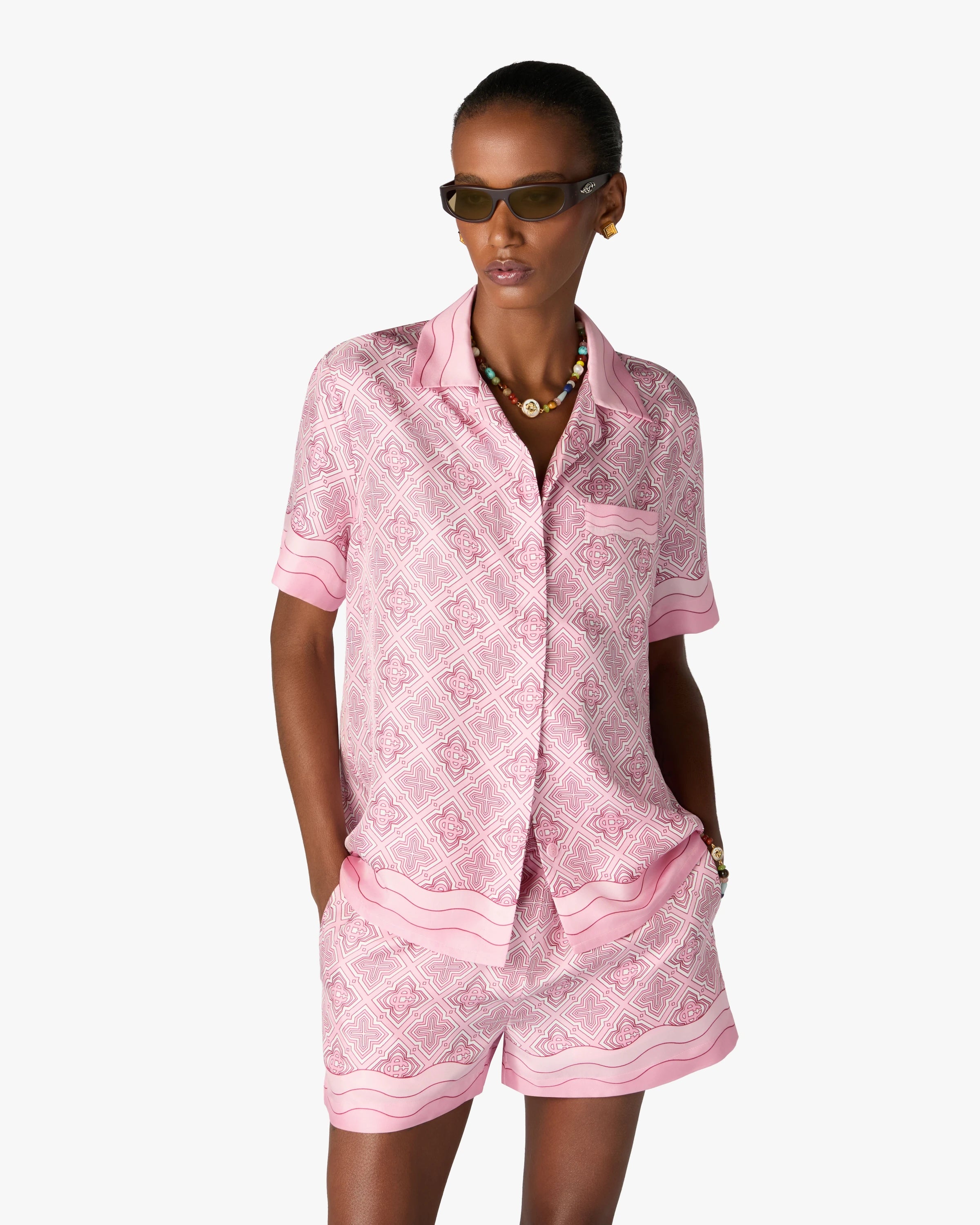 Casablanca Radiating Monogram camicia seta rosa S maniche corte