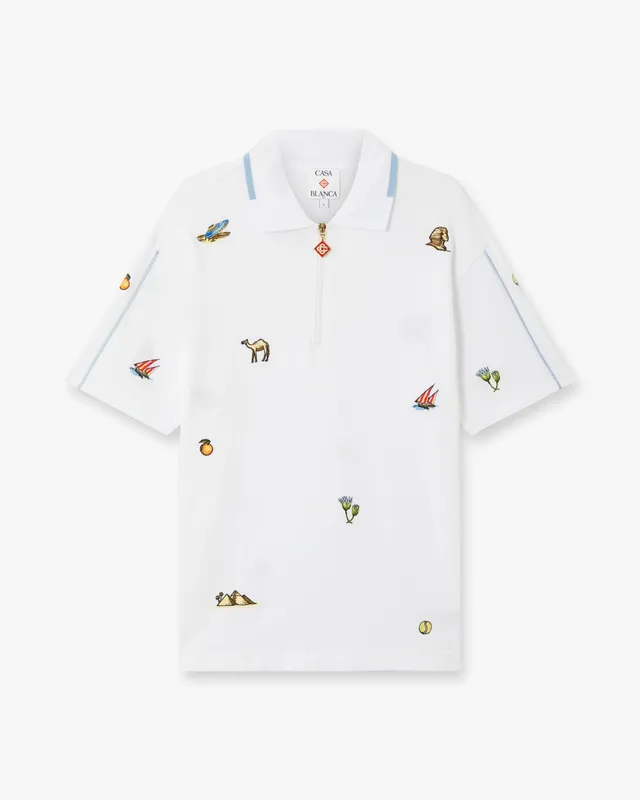 Casablanca White Icon Quarter Zip Polo Manica Corta Bianca Ricamata