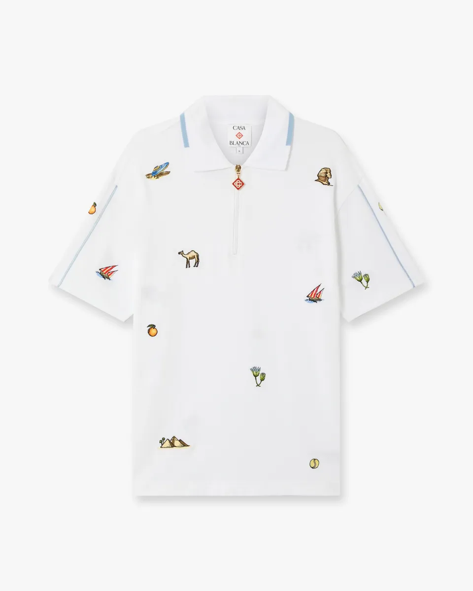 Casablanca White Icon Quarter Zip Polo Manica Corta Bianca Ricamata