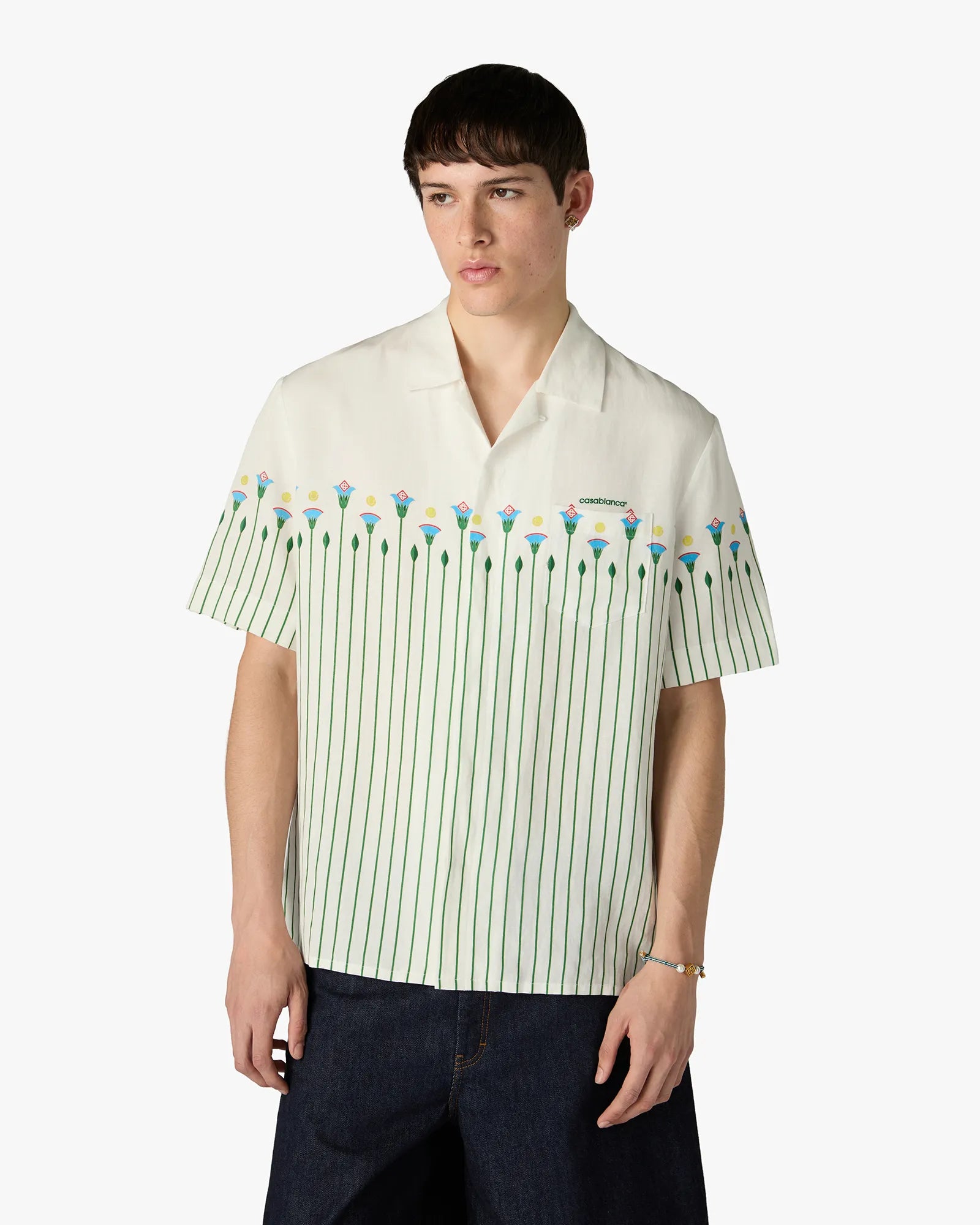 Casablanca Floral Stripe camicia uomo verde in lino