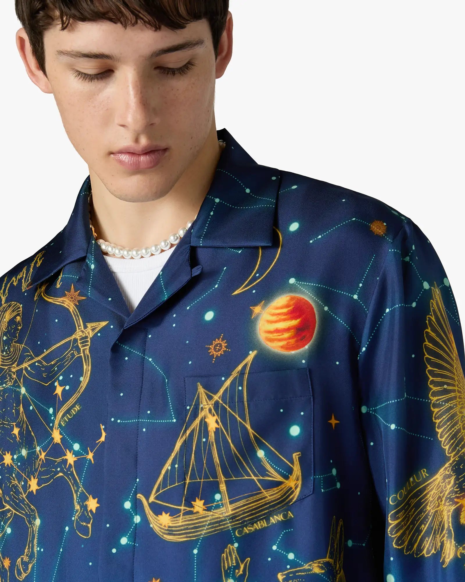 Casablanca Astrology camicia in seta blu maniche lunghe