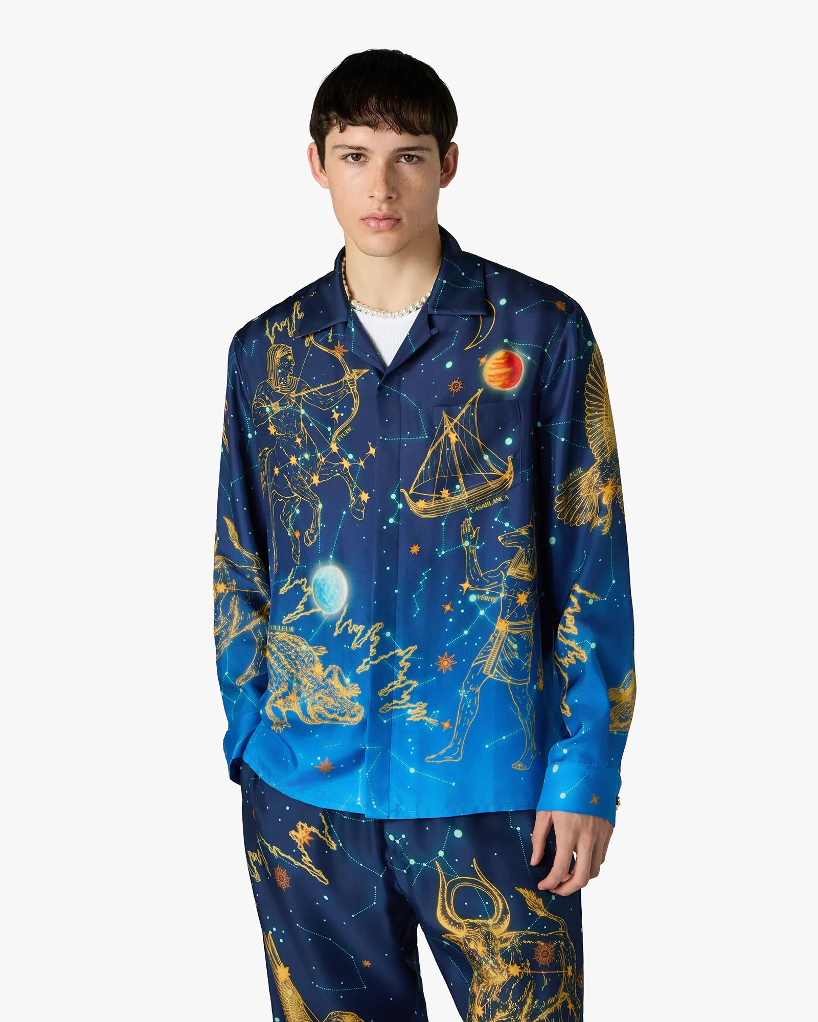 Casablanca Astrology camicia in seta blu maniche lunghe