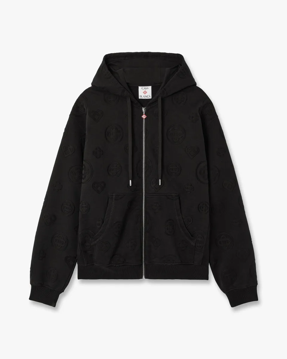 Casablanca Applique Monogram felpa cappuccio zip nero cotone