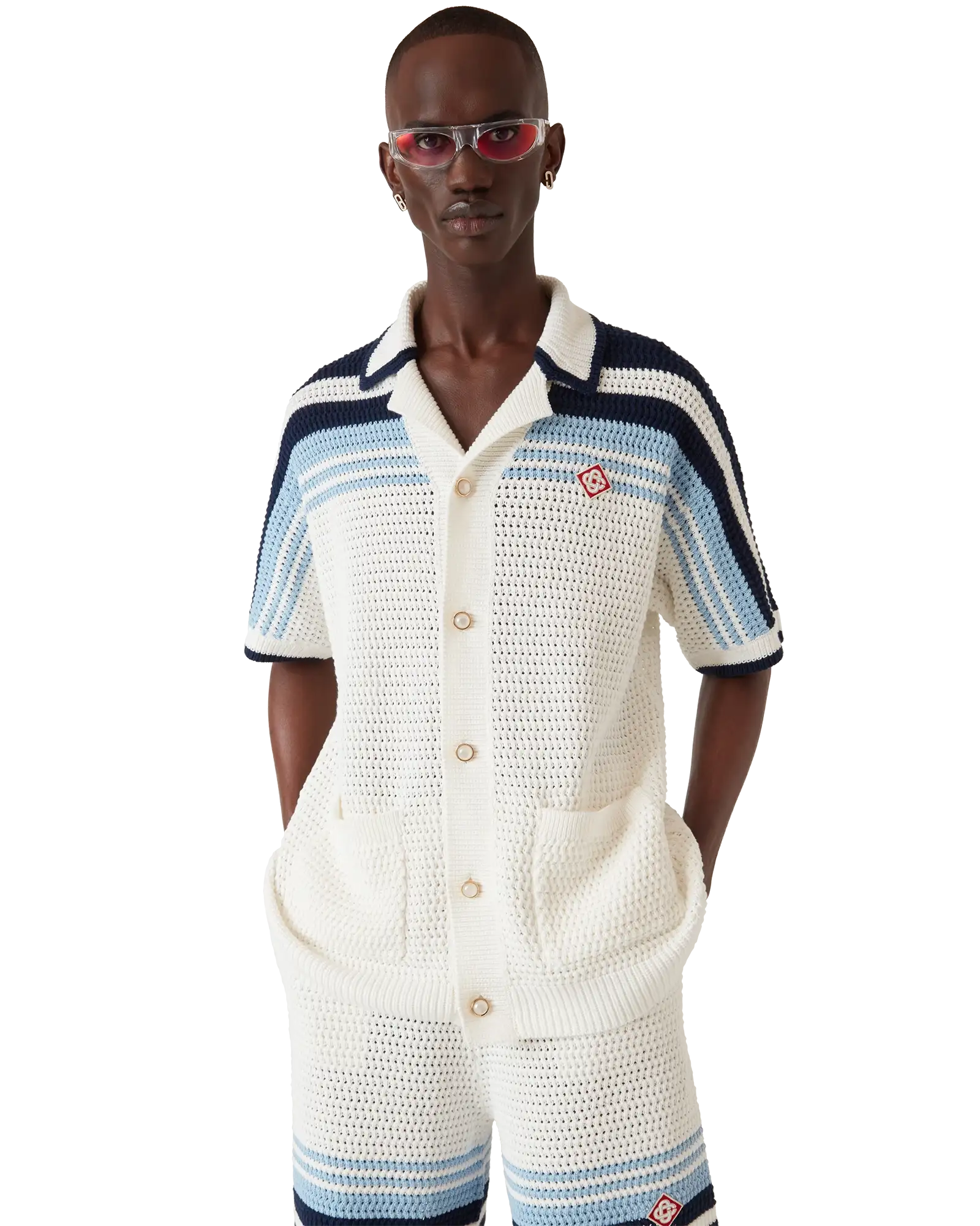 Casablanca Tennis Camicia Crochet Bianca Blu Cotone