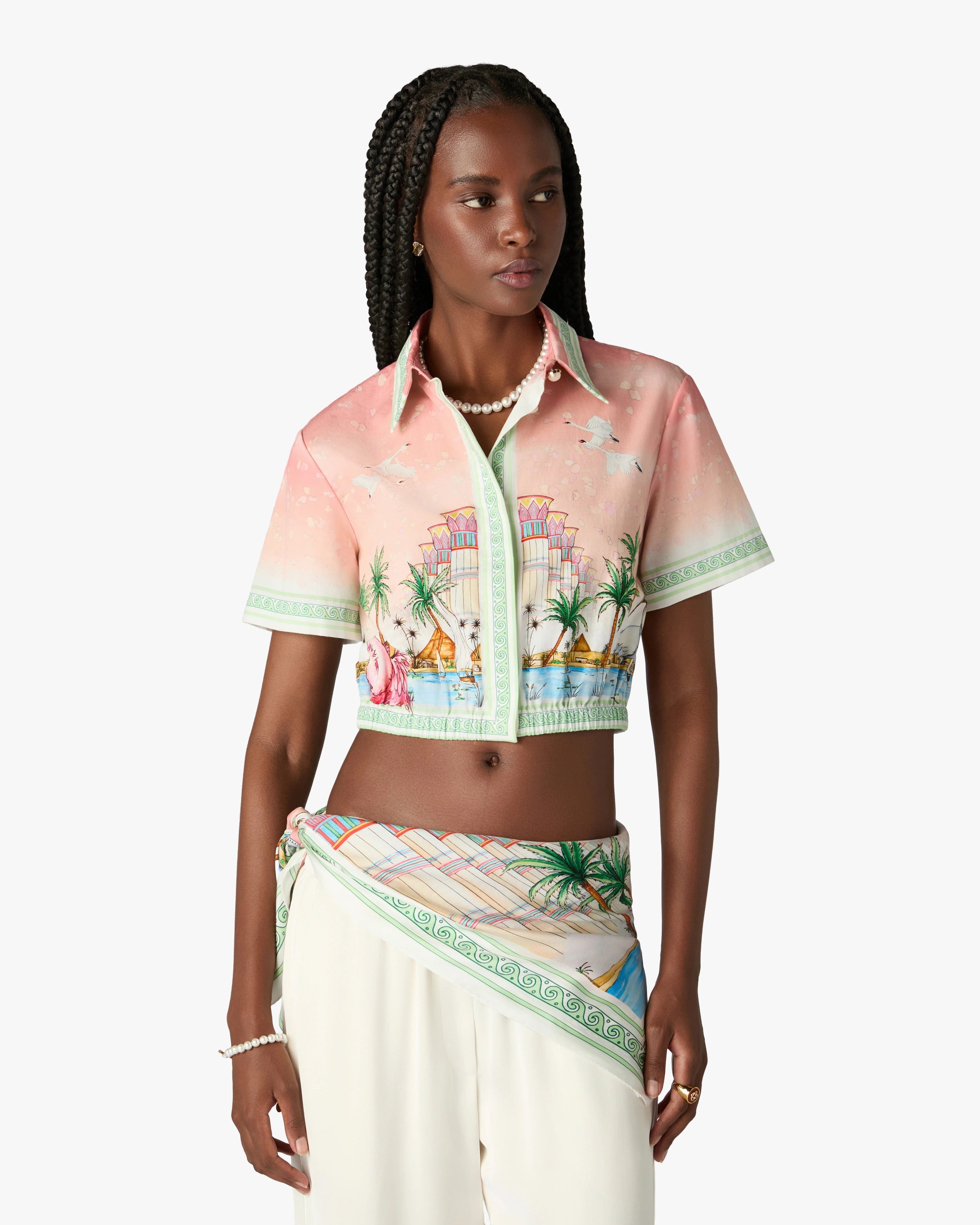 Casablanca Ethereal camicia cropped cotone rosa manica corta